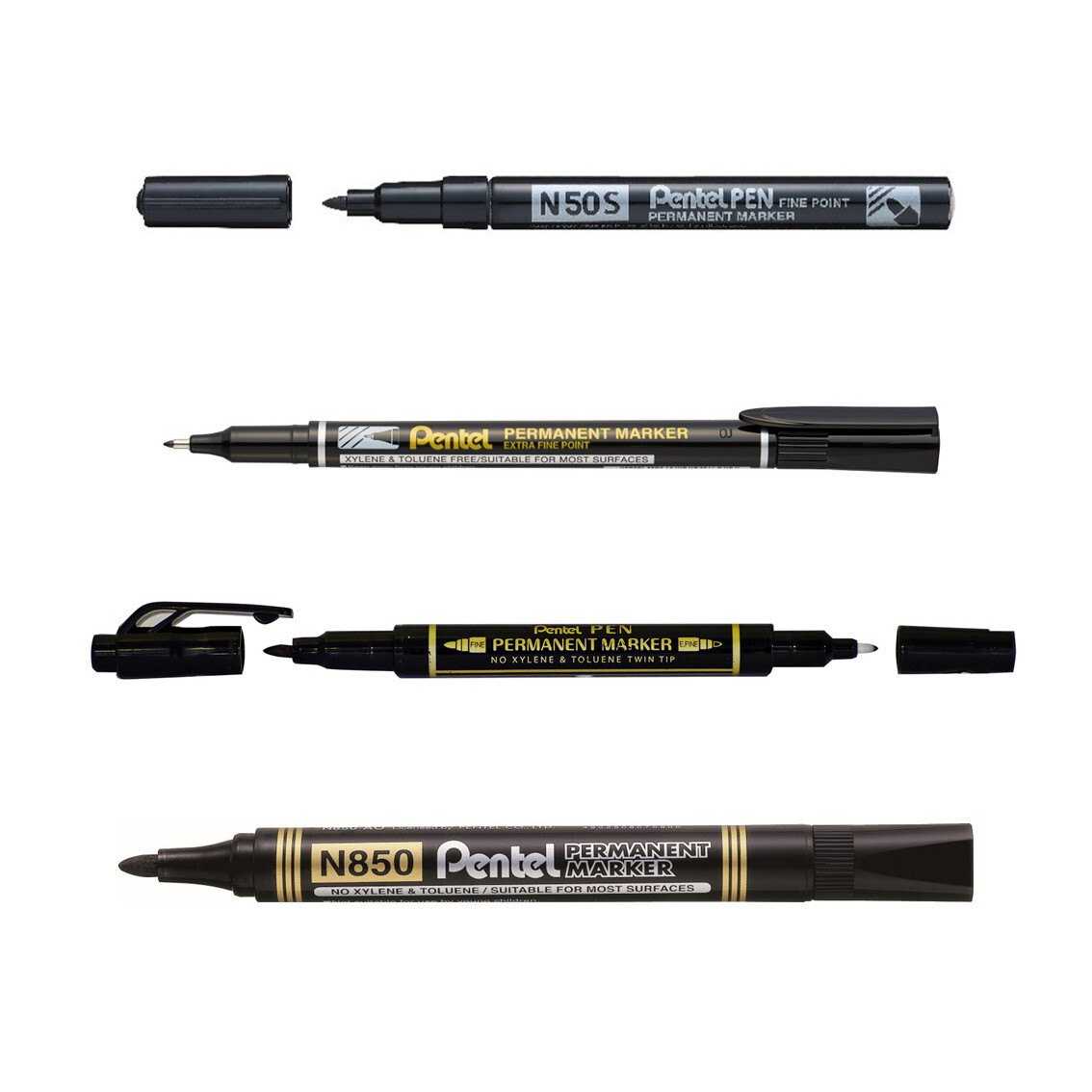 Pentel Permanent Marker Pens Various Tips - Extra Fine to Broad (4 Pens, 5 Tips)
