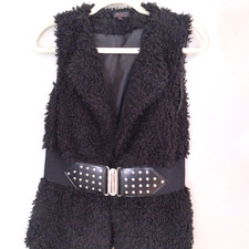 Mcm 100% Polyester Black Faux Fur Faux Leather Studded Belt Vest Woman's Size Ps