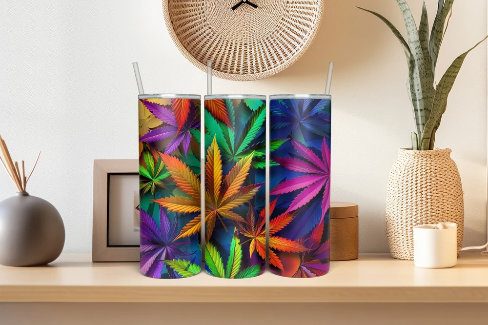 Tumbler Skinny 20oz  w/ Lid & Straw  Weed Leaf Cannabis Marijuana 420