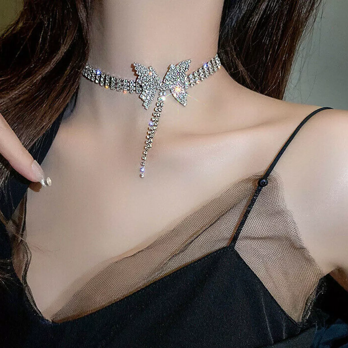 Rhinestone Butterfly Pendant Necklace Choker Earring Women Girls