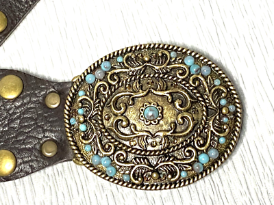 Leather Rock Studded Brown Leather Jeweled Buckle Belt Size  display picture 3