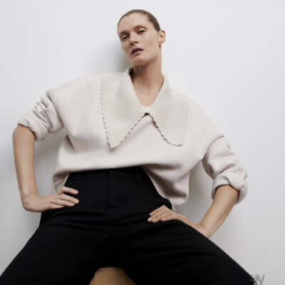 NWT zara sweatshirt women KNIT COLLAR Fleeced SWEATSHIRT Cream Size S