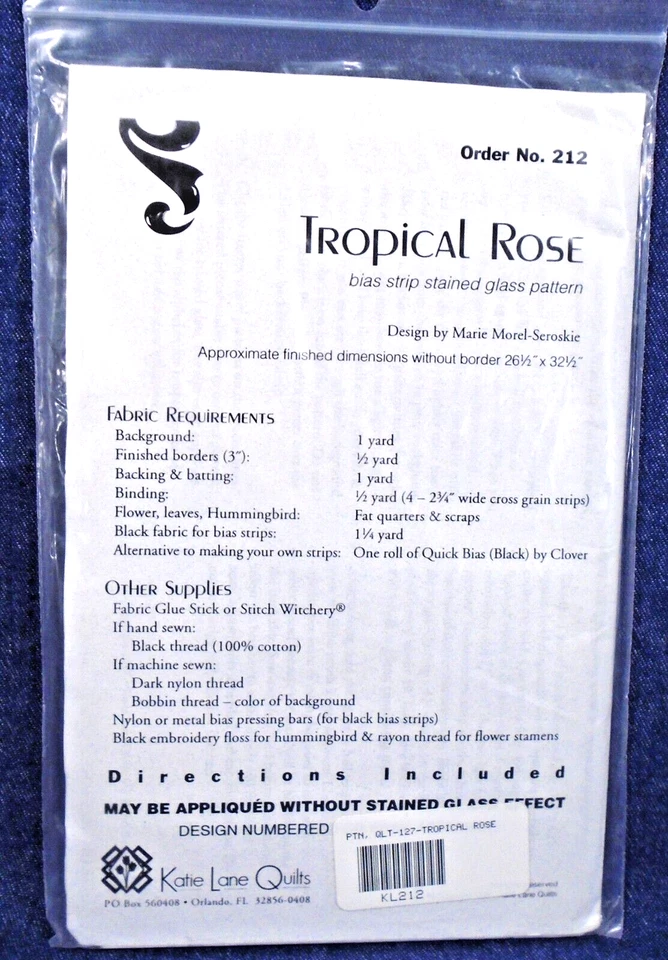 Vintage Tropical Rose w/ Hummingbird Katie Lane #212 Quilt Wall Hanging Pattern - Image 3 of 3