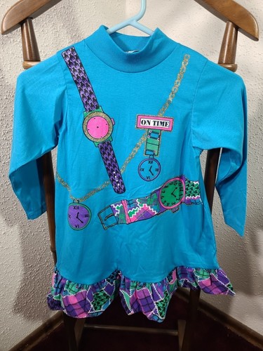 Vintage 80s Le Maj Dress Patchwork Trim Watch Theme Size 6 Made In USA - Picture 2 of 10