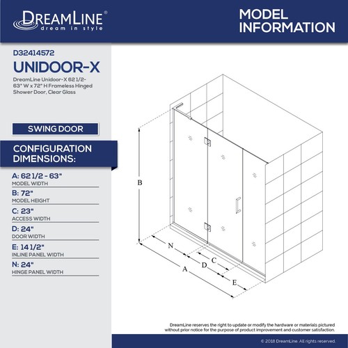 Unidoor-X 61 1/2 - 69 in. W x 72 in. H Frameless Hinged Shower Door - Picture 4 of 12