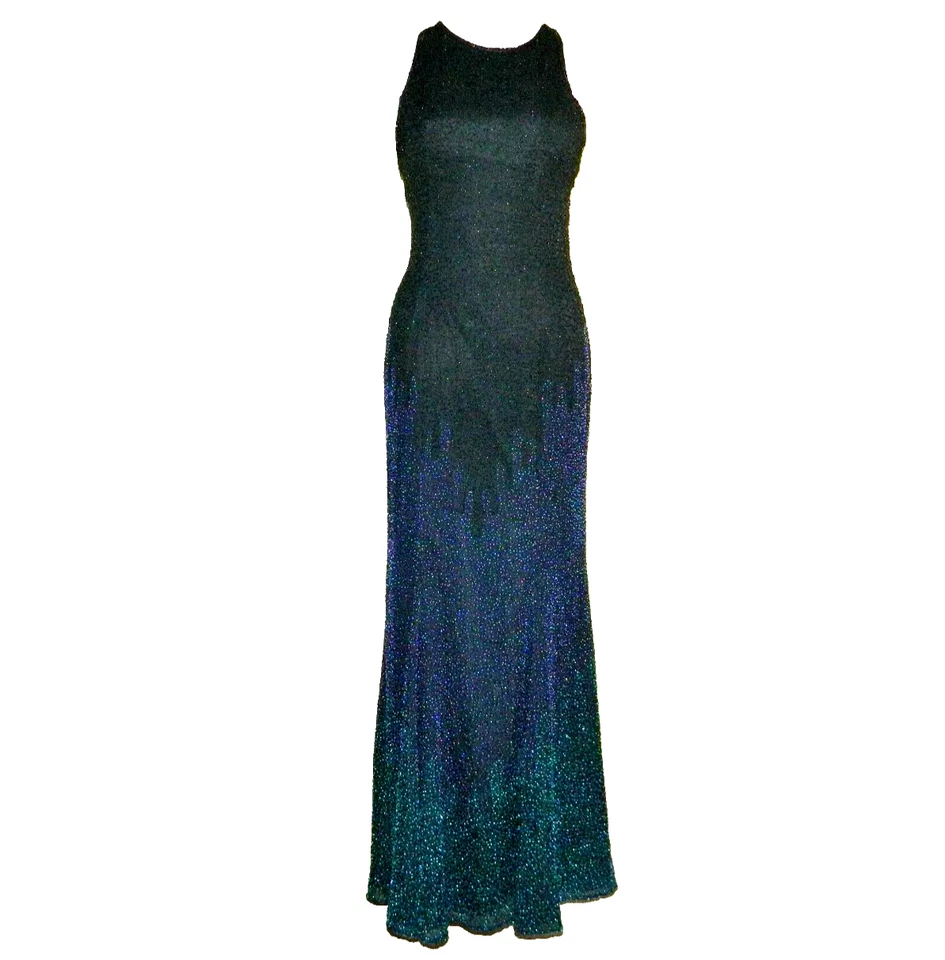 Vestido de Noche Cassandra Stone Completamente Cuentas Negro Azul Ombre Seda - Talla 2 Foto 2 de 4