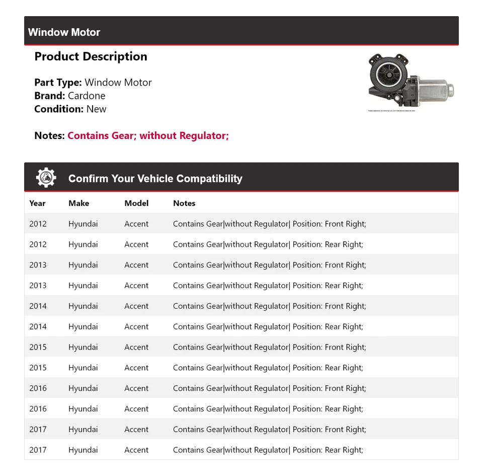 Para 2012-2017 Hyundai Accent Window Motor Cardone 2013 2014 2015 2016 - Imagem 2 de 4
