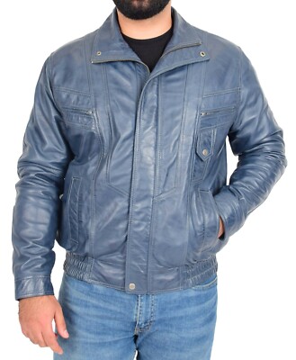 A1 Fashion Goods Herren Leder Bomber Jacke Blau Klassisch Casual Style Blouson 