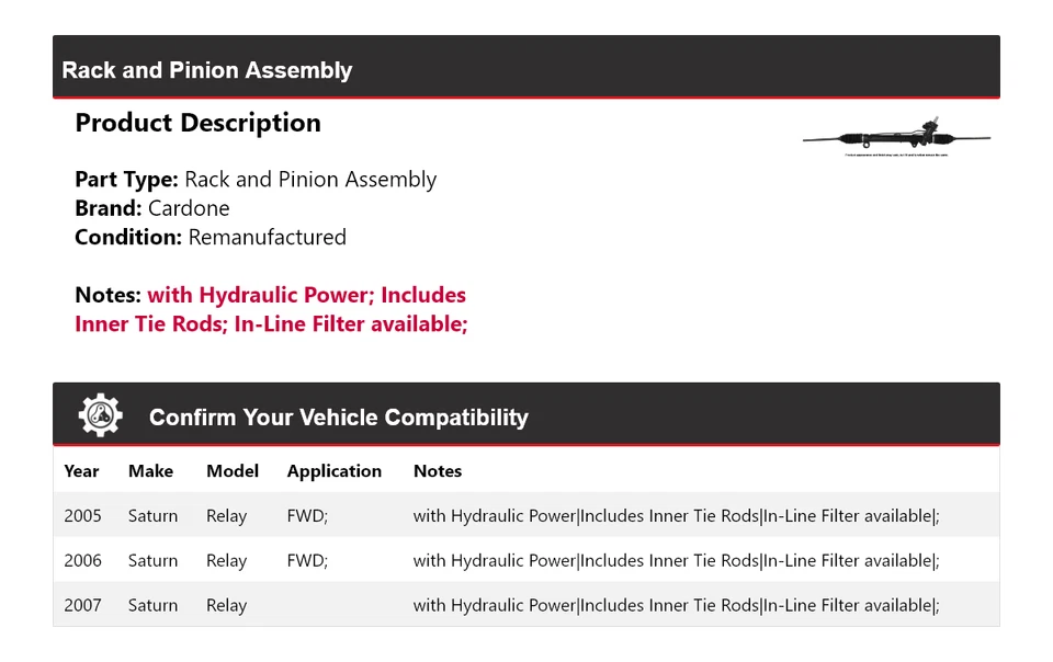 Montaje de piñón y bastidor de relé Saturn 2005-2007 Cardone 2006 Foto 2 de 4