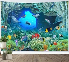 Ocean Dolphin Tapestry, Blue Underwater Wall Art for Kids Room, 60x40 In