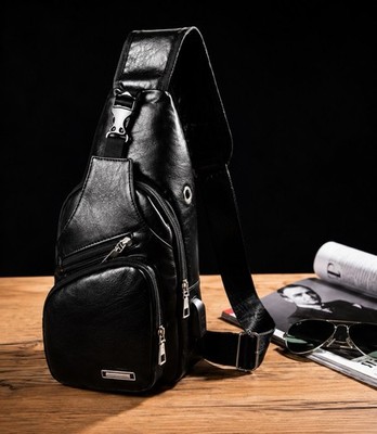 Men s Black Faux Leather Sling Bag Crossbody Backpack Water Resistant Zip