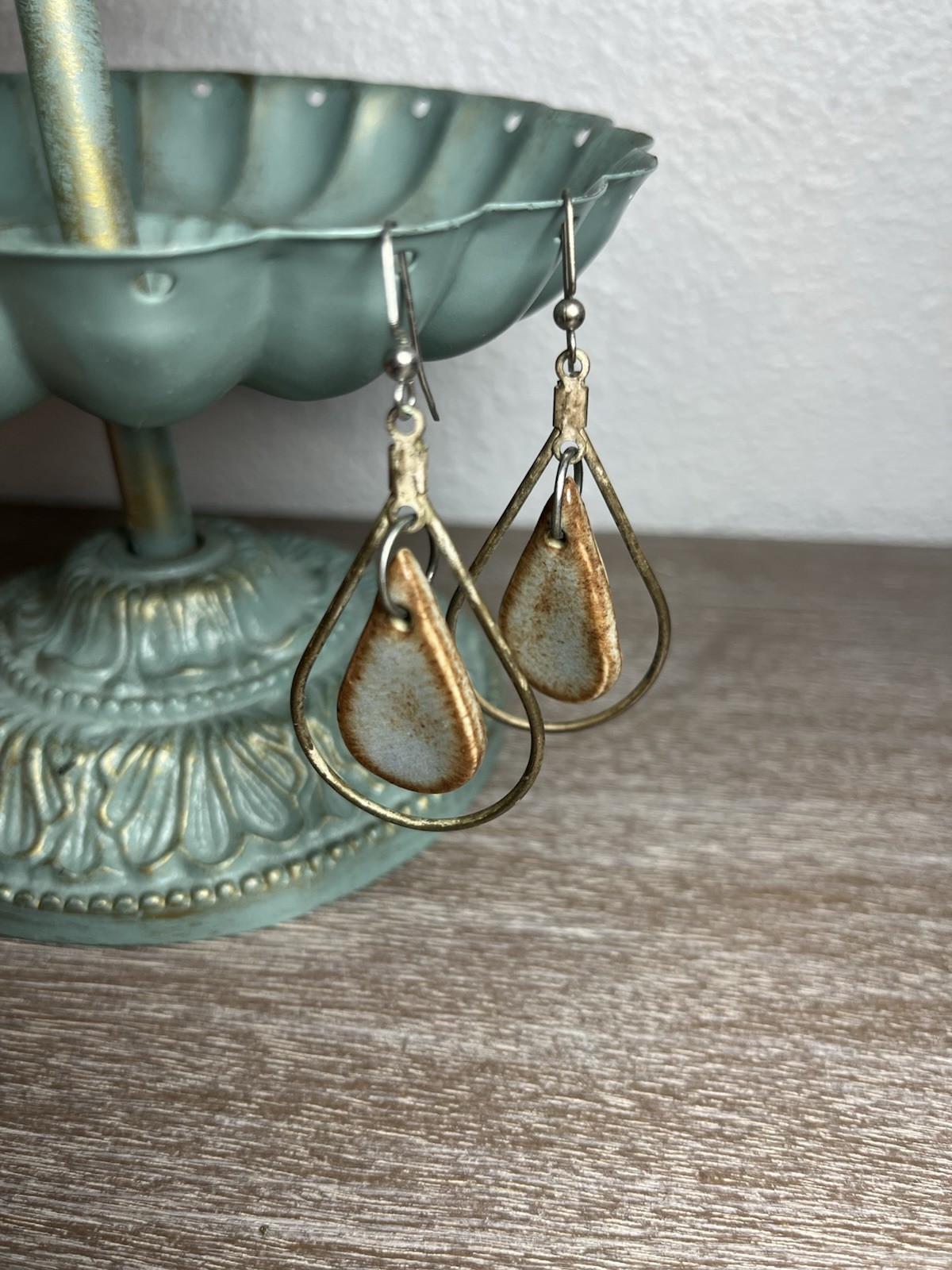 Rustic Double Teardrop Dangle Earrings Ceramic Sp… - image 12