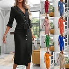 Women V-Neck Bodycon Waist Belted Button Midi Dress OL Work Long Sleeve Dresses