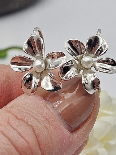 Sterling Silver Flower Earrings With Faux Pearl. Hook Fastening For Peirced Ears - Picture 6 of 9