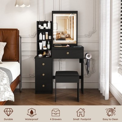 Vanity Desk Makeup Table w/ Chair Shelves LED Lighting,4 Drawers,Power Socket US
