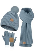 Women Winter Beanie Hat Scarf Gloves Set, Fleece Knitted Pompom Hat Light Blue