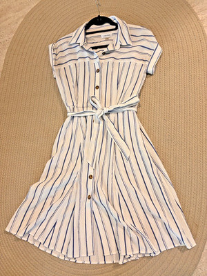 Calvin Klein Striped Button-Front Belted Shirt Dress White/Blue Size 6