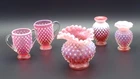 5pc Lot of Fenton CRANBERRY OPALESCENT HOBNAIL Glass Pieces Vases, Creamer,Sugar