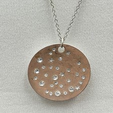Cookie Lee Silver Disc Pendant Necklace Rhinestone Galaxy Design Minimal Sparkle
