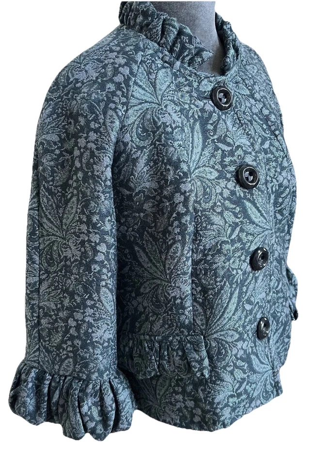 Vtg Brocade Wool Cropped Blazer Ruffled 12P Regency Floral Botanical Victorian - Image 4 of 4