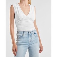 Express White Body Contour Ruched Empire Deep V Bodysuit SZ S NWT