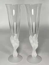 Sasaki "WINGS" Frosted Dove Birds Crystal Champagne Flutes 9" Wedding Set of 2