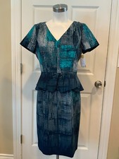 T Tahari Teal Blue, Navy & Gray Geometric Patterned Dress W/ Peplum, Size 6 (US)