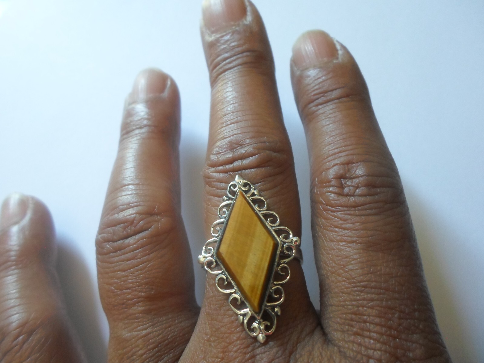 solid silver ring, tiger eye triangle, openwork o… - image 3