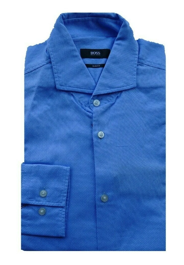 New Hugo Boss men blue polka dot slim fit cutaway suit formal shirt 15 38 medium