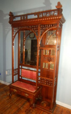 Antique Victorian HALL SEAT BENCH Etagere Stand walnut Drawers , Mirrors