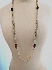 Vintage 70s Emmons Signed Gold Tone 3 Strand Chain Marble Glass Bead Necklace