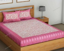 Indian Floral Pure Cotton Jaipuri Double Bed Sheet With 2 Pillow Covers, Pink sk