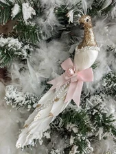 Shabby Victorian Chic White Peacock Pink Rose Feather Bird Christmas Ornament