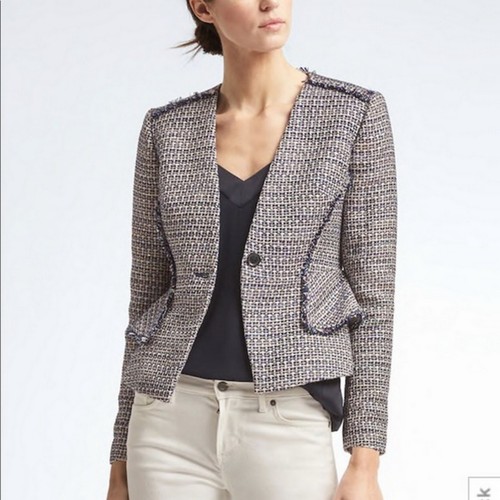 Blue Tweed Peplum Blazer Jacket, Navy 