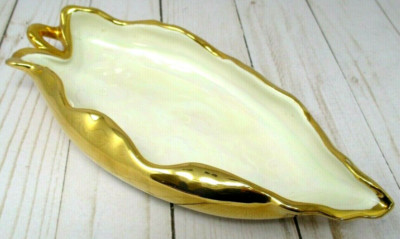 Vintage Trinket Dish Leaf Shaped Gold Iridescent Inside Ceramic 9 inch