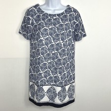 Lulus Dress Sz XS Navy Blue White Paisley Floral Short Sleeve Cut Out Back 