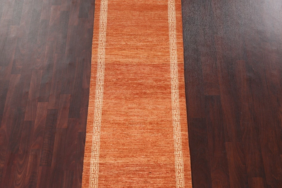Bordered Gabbeh Kashkoli Afghan ORANGE/ IVORY Runner Rug Hand-knotted Wool 3'x9' - Image 3 of 4