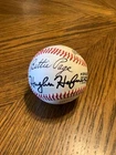 c. 1980 PLAYBOY BUNNY BETTIE PAGE & OWNER HUGH HEFNER SIGNED ONL BASEBALL BEAUTY