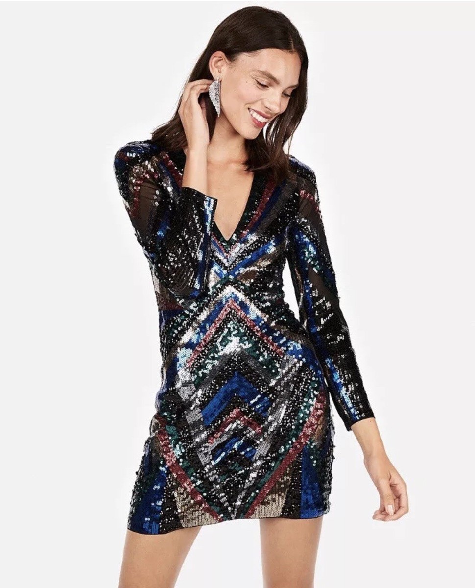 chinese dress ladies Demure Long Sleeve Open Back Dress Sequin Black