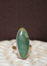 Oval Green Stone Adjustable Ring Sterling Silver 0.925 Size Range 7-10.5