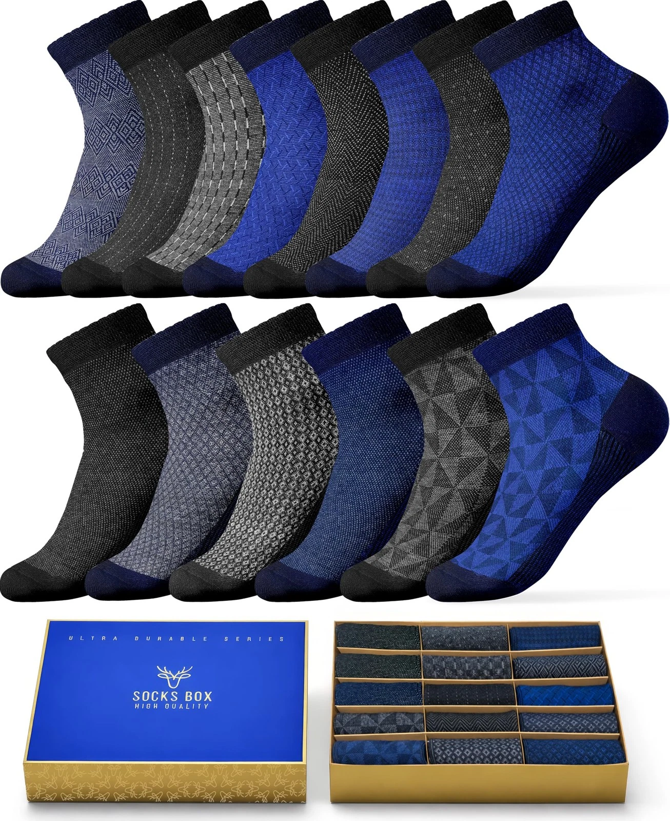 Mens Ankle Socks, Premium Quality Bamboo Rayon Ankle Socks, Patterned, 15 Pai...
