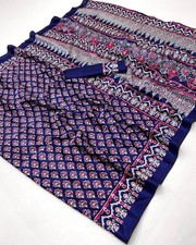Traditional Ajrakh Printed Satin Saree Indian Ethnic Wedding Party Wear Sari