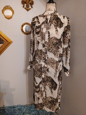 Size 2 H&M Dress Cover Up Women's Long Sleeve Sheer Button Front Cat Leopard 