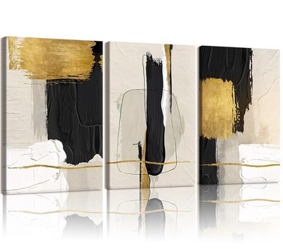 3 Pcs Black White and Gold Abstract Wall Art Modern Textured Framed Canvas Pr...