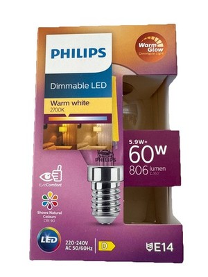 Philips E14 LED Klar Tropfen Filament 5,9W=60W 806lm WarmGlow 2200-2700K Dimmbar