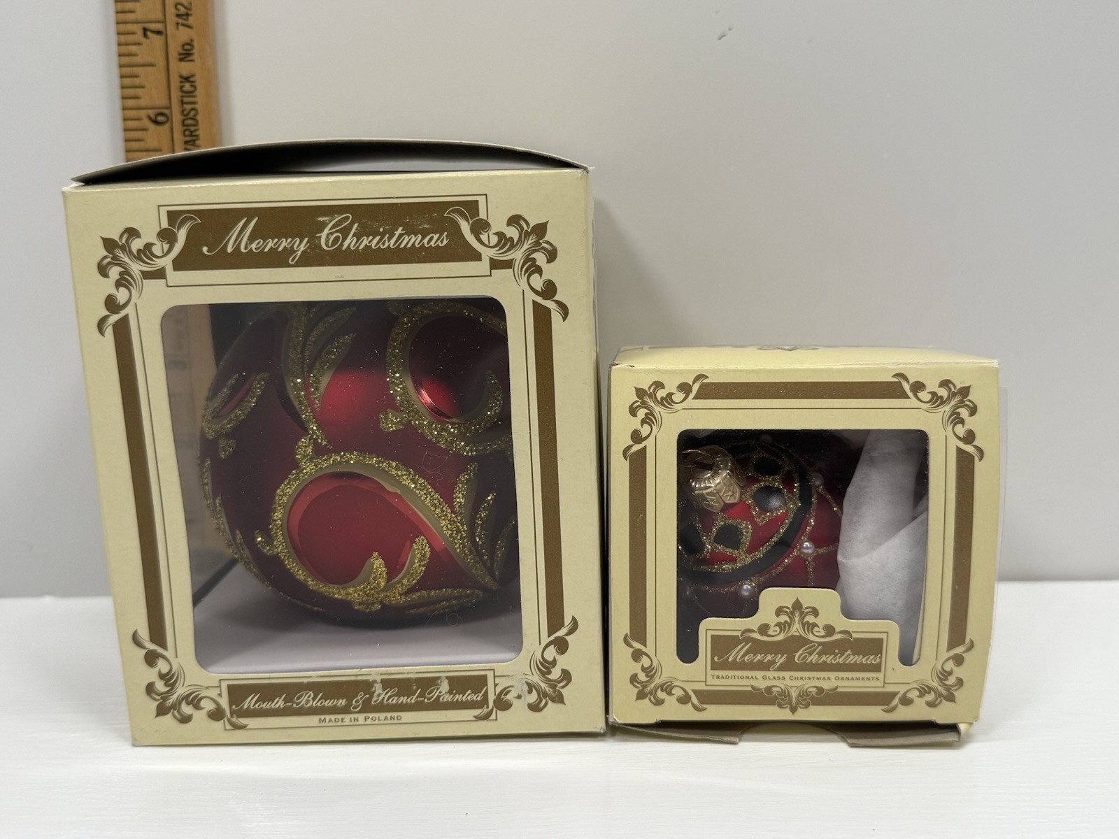 2pc Mouth Blown Hand Painted Glass Christmas Ornaments Red Gold w/ Boxes