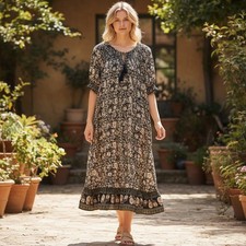 Cleobella Organic Cotton Floral Paisley Midi Dress Black Tan Boho Tassel Large