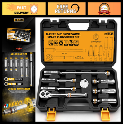 #ad 8 Piece Magnetic Swivel Spark Plug Socket Set 3 8quot; Drive Ratchet amp; Gapper CR $64.79