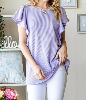 Heimish Usa Ruffled Sleeve Solid Ribbed Top Lavender