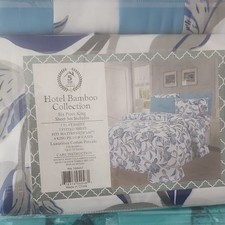 Hotel Bamboo Collection King 6pc Sheet Set Cotton Percale Blue White Floral